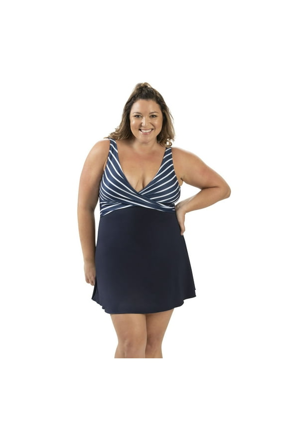 Women's Dolfin Aquashape UPF 50+ Colorblock Wrap Front One-Piece Swim Dress Color: Nautical Size: 8
