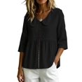 thumbnail image 1 of Women's Doll Collar Eyelet 3/4 Sleeve Peplum Blouse Black S, 1 of 7