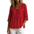 thumbnail image 1 of Women's Doll Collar Eyelet 3/4 Sleeve Peplum Blouse Red S, 1 of 7