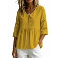thumbnail image 1 of Women's Doll Collar Eyelet 3/4 Sleeve Peplum Blouse Yellow L, 1 of 7