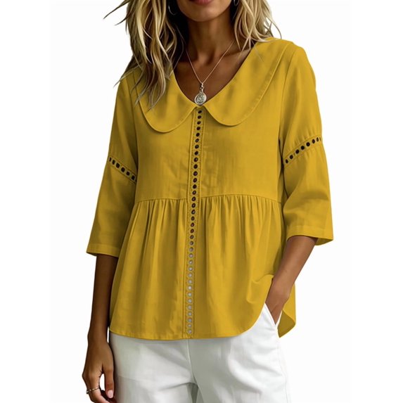Women's Doll Collar Eyelet 3/4 Sleeve Peplum Blouse Yellow L