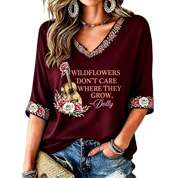 Women's Dolly Doll T-shirt Classic Graphic Tee Graphic Dolly T-shirts Short Sleeve V Neck Pullover for Vintage Country Music Tribute,(L)