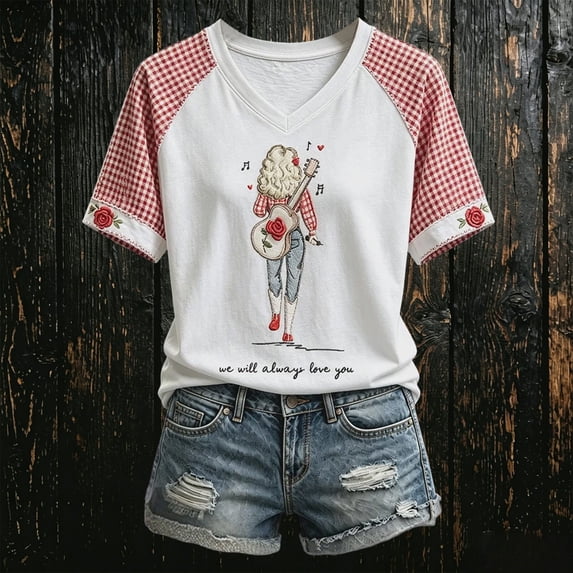 Women's Dolly Shirts Country Music Legend V Neck Printed Top Lightweight Tee Artwork Retro Graphic T‑Shirt Tops M