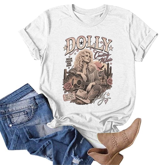 Women's Dolly Shirts Vintage Country Music Dolly Printed Tee, Unisex Crewneck Short Sleeve Loose Fit Retro Graphic Casual T‑Shirt Tops for Women S