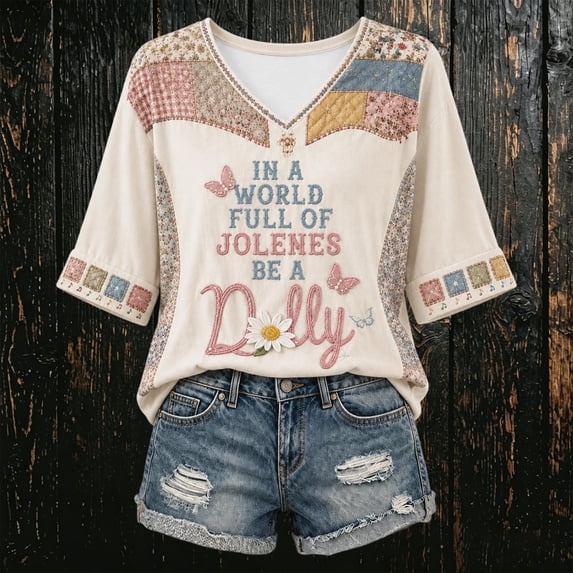 Women's Dolly Shirts Vintage Country Music Legend T‑Shirt Printed V Neck Short Sleeve Retro Graphic Casual Tee Tops 5XL