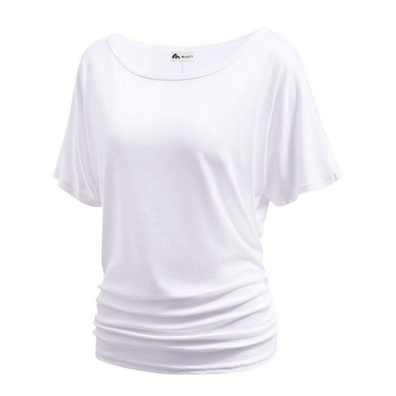 Women's Dolman Top Boat Neck Comfortable Short Sleeve Solid Gentle Tees Casual T Shirt with Side Shirring Detail