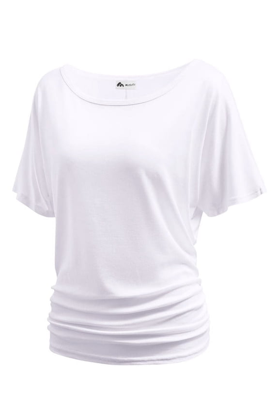 Women's Dolman Top Boat Neck Comfortable Short Sleeve Solid Gentle Tees Casual T Shirt with Side Shirring Detail