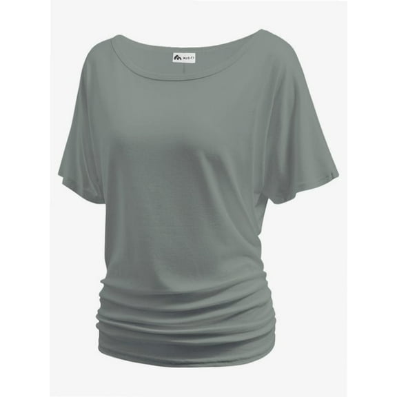 Women's Dolman Top Boat Neck Short Sleeve Solid Tees Casual T Shirt with Side Shirring Detail