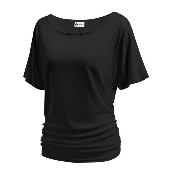 Women's Dolman Top Boat Neck Comfortable Short Sleeve Solid Gentle Tees Casual T Shirt with Side Shirring Detail