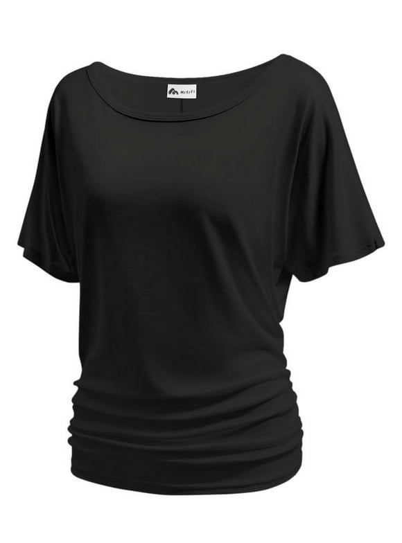 Women's Dolman Top Boat Neck Comfortable Short Sleeve Solid Gentle Tees Casual T Shirt with Side Shirring Detail