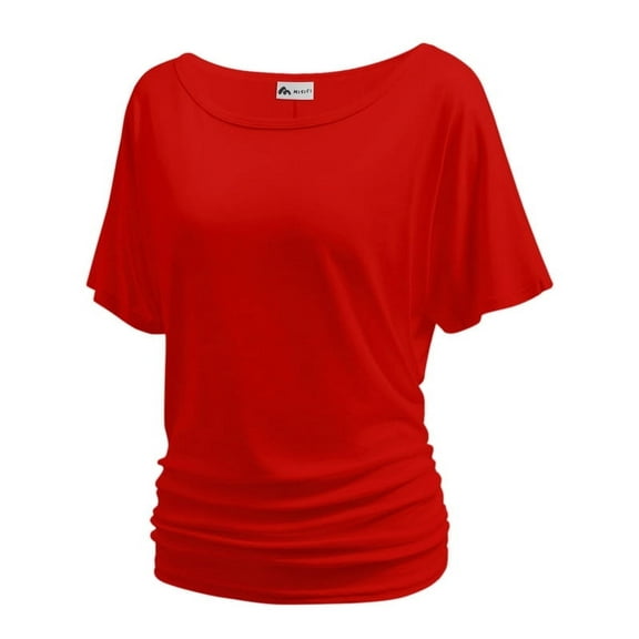 Women's Dolman Top Boat Neck Comfortable Short Sleeve Solid Gentle Tees Casual T Shirt with Side Shirring Detail