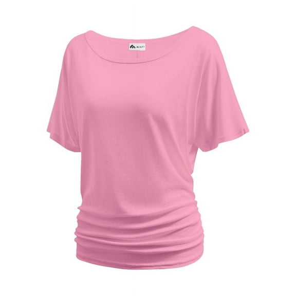 Women's Dolman Top Boat Neck Comfortable Short Sleeve Solid Gentle Tees Casual T Shirt with Side Shirring Detail