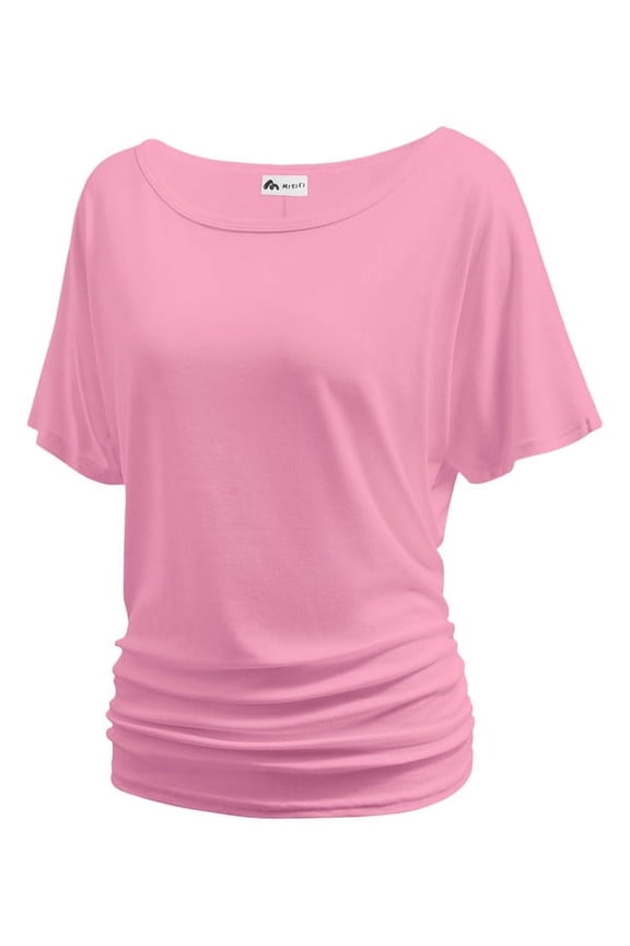 Women's Dolman Top Boat Neck Comfortable Short Sleeve Solid Gentle Tees Casual T Shirt with Side Shirring Detail