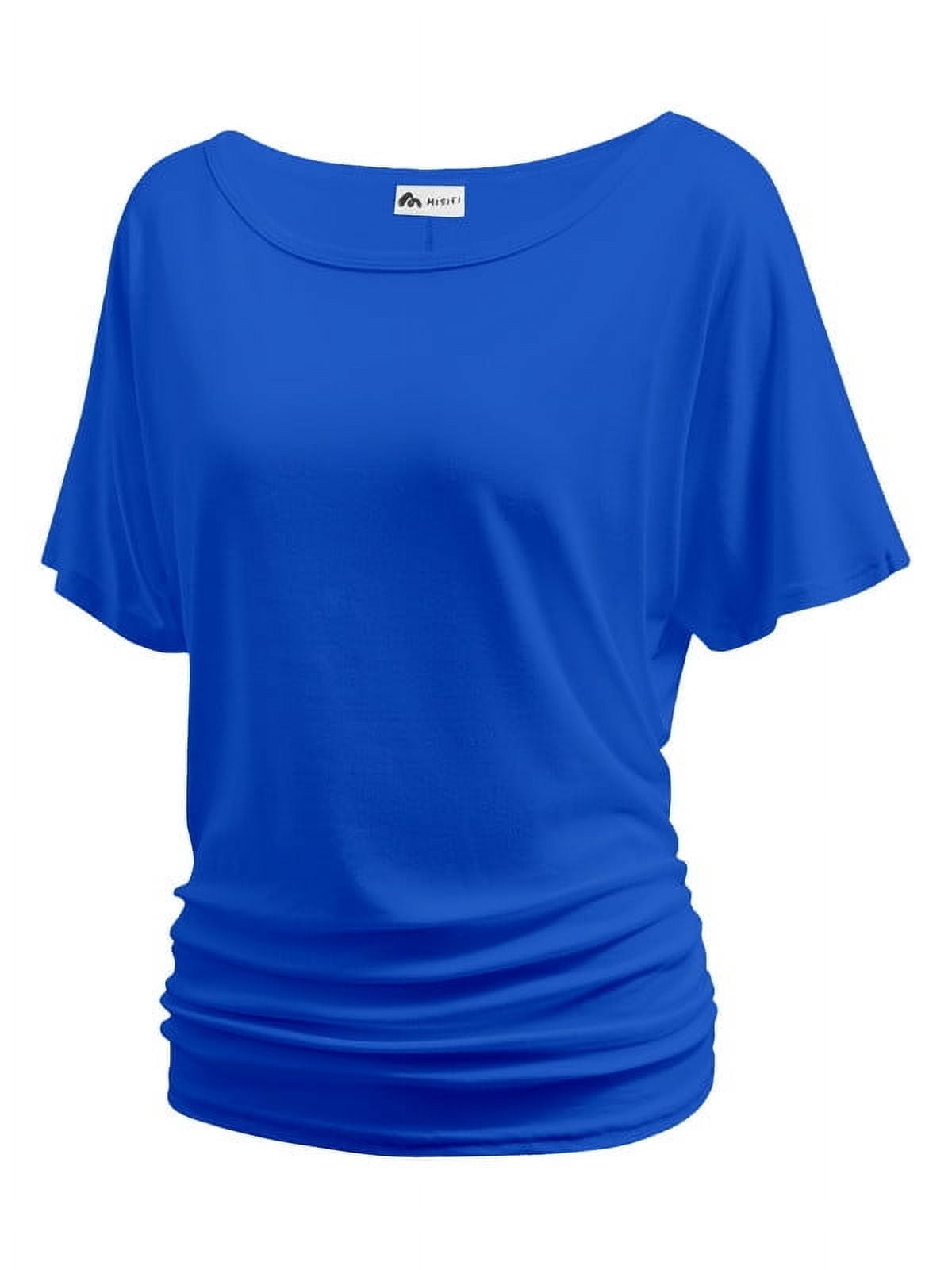 Womens Solid Short Sleeve V-Neck Boat Neck Dolman Top With Side Shirring Drape Tunic