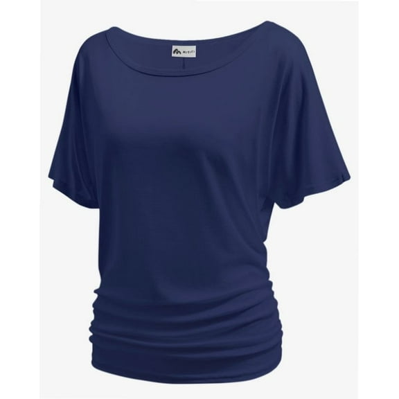 Women's Dolman Top Boat Neck Short Sleeve Solid Tees Casual T Shirt with Side Shirring Detail