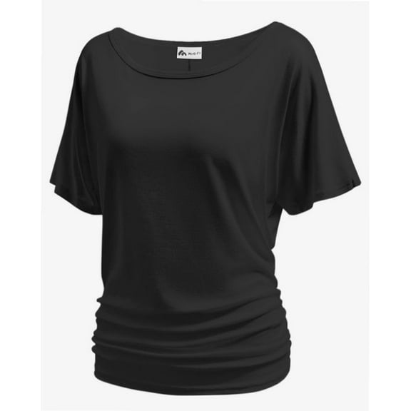 Women's Dolman Top Boat Neck Short Sleeve Solid Tees Casual T Shirt with Side Shirring Detail
