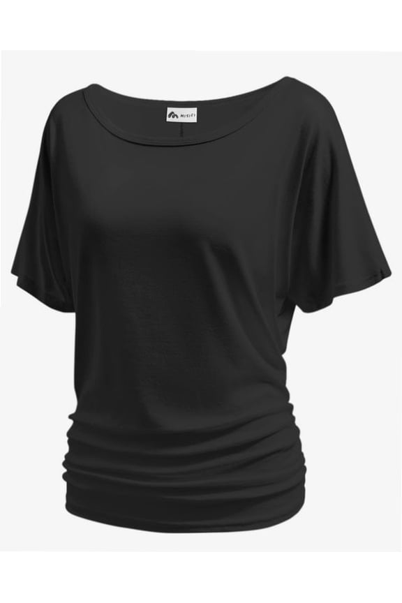 Women's Dolman Top Boat Neck Short Sleeve Solid Tees Casual T Shirt with Side Shirring Detail