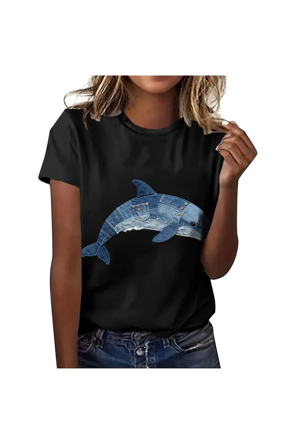 Women's Dolphin Ocean Graphic T-Shirt - Short Sleeve Loose Crewneck Oversized Casual Beach Vacation Top,Black,Large