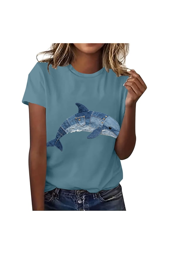 Women's Dolphin Ocean Graphic T-Shirt - Short Sleeve Loose Crewneck Oversized Casual Beach Vacation Top,Blue,Large