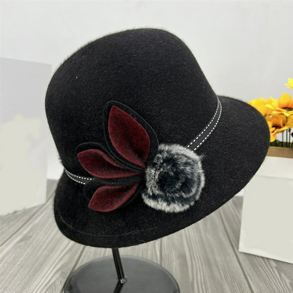 Women's Dome Fedoras Hat Winter Autumn Warm Pompom Jazz Bowler Hat - Elegant Vintage Ladies Church Cap Black One Size