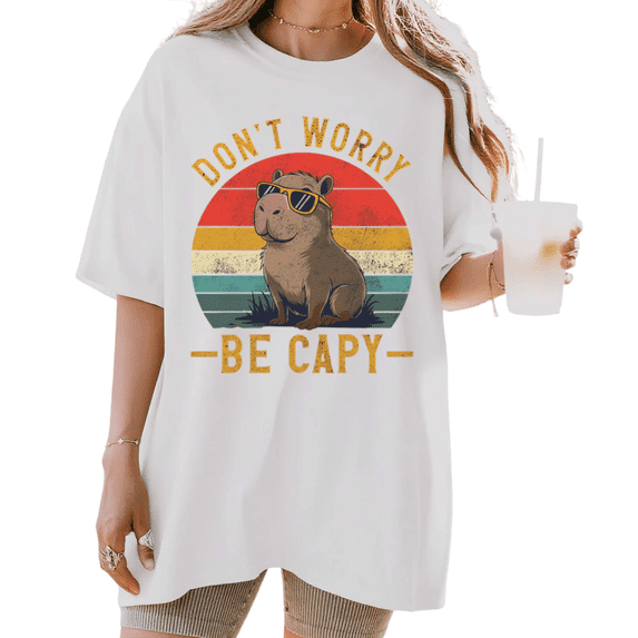 Women's "Don't Worry Be Capy" Capybara Graphic T Shirt Retro Sunset Meme Cute Chill Vibe Short Sleeve Round Neck Top White S-5XL
