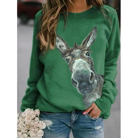 Women's Donkey Printing Casual Loose Sweatshirts Round Neck Long Sleeve Shirts Tops