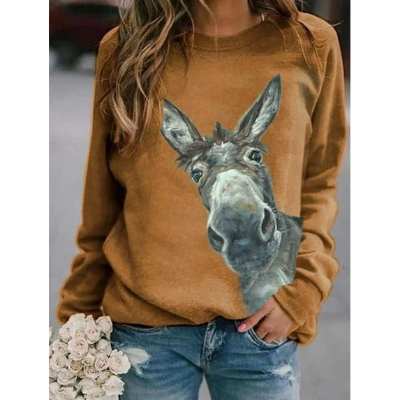 Women's Donkey Printing Casual Loose Sweatshirts Round Neck Long Sleeve Shirts Tops