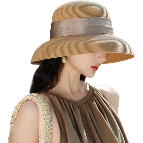 Women's Dot Band Straw Sun Hat Wide Brim Foldable UPF 50  Beach Hat for Travel,Pool,Outdoor,Summer UV Hat