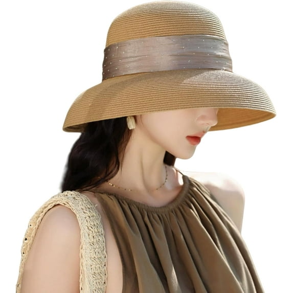 Women's Dot Band Straw Sun Hat Wide Brim Foldable UPF 50+ Beach Hat for Travel,Pool,Outdoor,Summer UV Hat