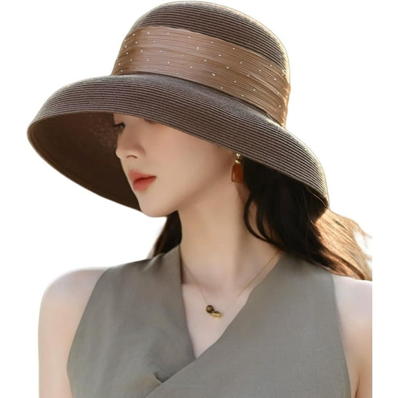 Women's Dot Band Straw Sun Hat Wide Brim Foldable UPF 50+ Beach Hat for Travel,Pool,Outdoor,Summer UV Hat