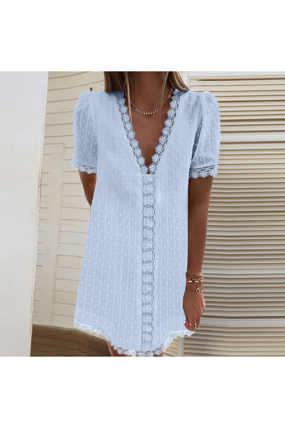 Women's Dot Lace Dress Summer V Neck Casual Short Sleeve Mini Dress Chiffon Dress White Women Dressers Maxi Dresses Summer Petite Dresses for Women Leaf Dress Solid Color T Shirt Dress Casual
