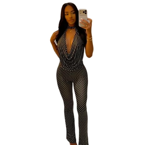 Women's Dot Print Buttons Halter Swinging Collar Sleeveless Waistband Backless Sexy Bodycon Flared Jumpsuits