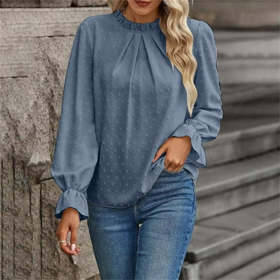 Women's Dot Print Long Sleeve Crewneck Blouse Casual Loose Fit Tops Soft Skin-Friendly Fabric for Business and Daily Wear Blue S