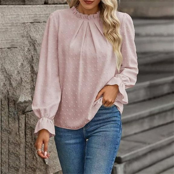 Women's Dot Print Long Sleeve Crewneck Blouse Casual Loose Fit Tops Soft Skin-Friendly Fabric for Business and Daily Wear Pink S