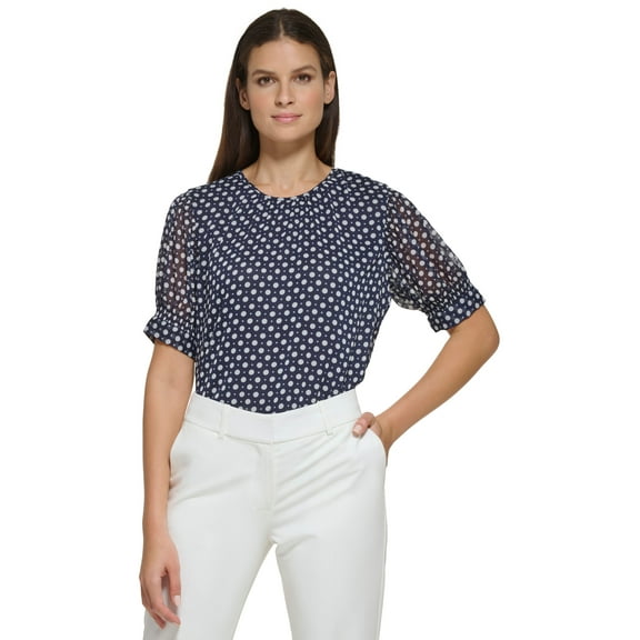 Women's Dot-Print Sheer-Puff-Sleeve Top Midnight Multi L