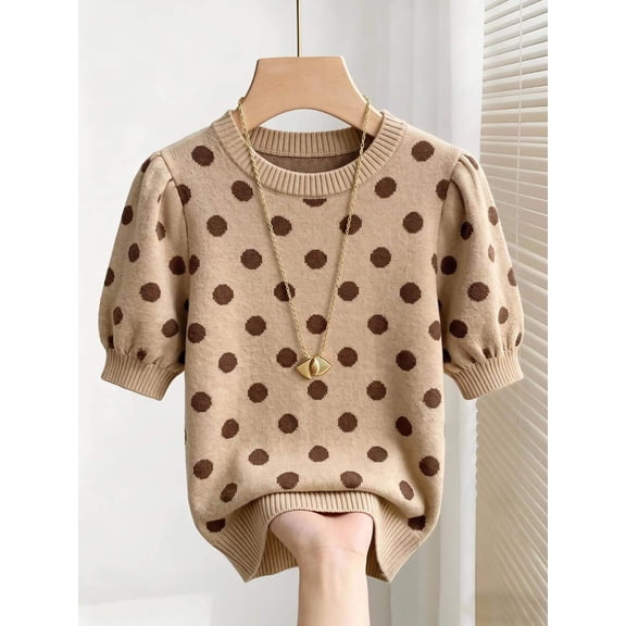 Women's Dot Ribbed Knit Top Crew Neck Short Sleeve Puff Sleeve Loose Fit Ribbed Cuffs Hem Pullover for Fall Winter Layering Office Commute Daily Outfits