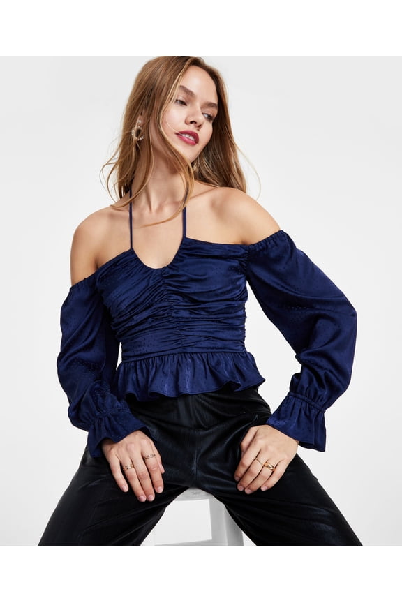 Women's Dotted Off-The-Shoulder Halterneck Top Navy M