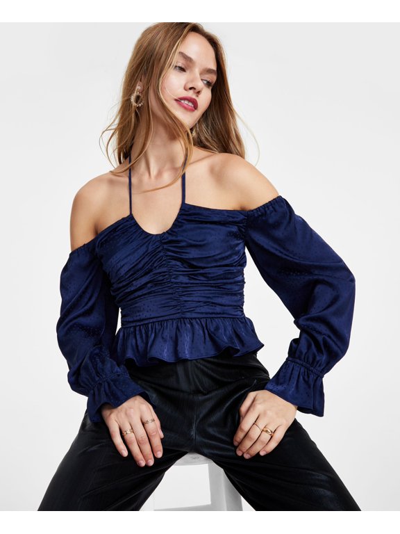 Women's Dotted Off-The-Shoulder Halterneck Top Navy M