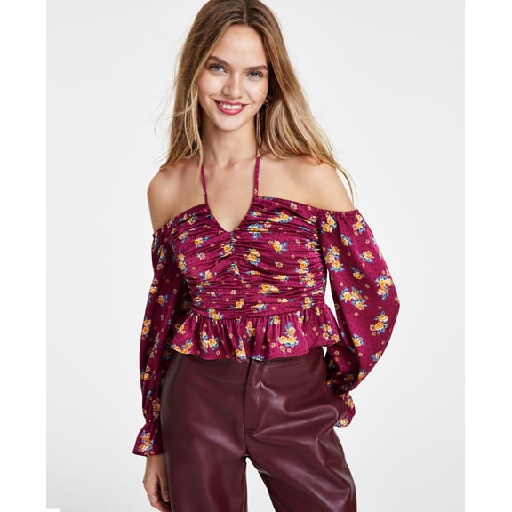 Women's Dotted Off-The-Shoulder Halterneck Top Wine Floral L