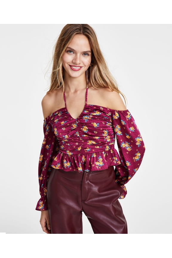Women's Dotted Off-The-Shoulder Halterneck Top Wine Floral L
