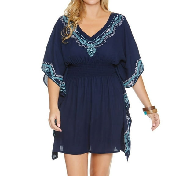 Women's Dotti 11025 Fancy Stitch Smocked Caftan Cover Up (Navy M)