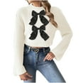 thumbnail image 1 of Women's Double Bow Tie Sweater Cropped Knit Tops Mock Neck Bell Sleeve Pullover Jumper White L, 1 of 6