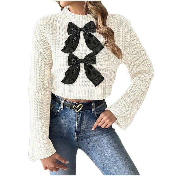 Women's Double Bow Tie Sweater Cropped Knit Tops Mock Neck Bell Sleeve Pullover Jumper White L