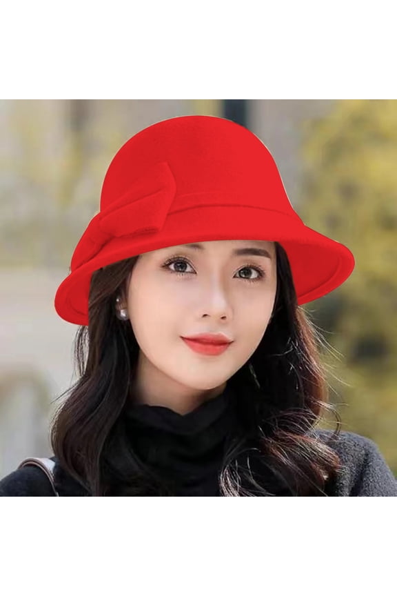 Women's Double Bowknot Cloche Hat, Warm Woolen Wide Brim Round Dome Hat with Elegant Bow Decor, Retro Style Winter Hat for Autumn Winter Daily Wear, Travel and Outdoor Activities - Red1
