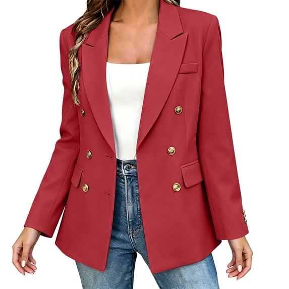 Women’s Double Breasted Blazer Jacket Long‑Sleeve Open Front Coat with Notched Lapel and Padded Shoulders for office Business Casual Wear Red