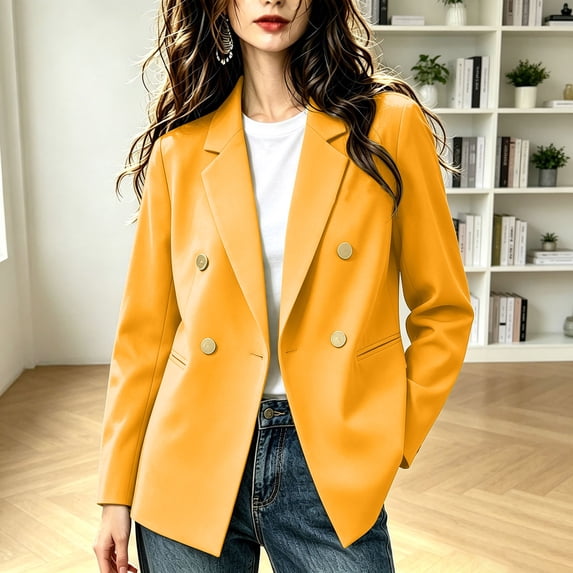 Women's Double Breasted Blazer Oversized Casual Suit Jacket Long Sleeve Lapel Collar Loose Fit Work Office Top For Ladies Spring Autumn Gold L