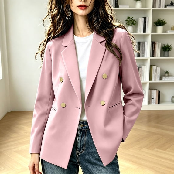 Women's Double Breasted Blazer Oversized Casual Suit Jacket Long Sleeve Lapel Collar Loose Fit Work Office Top For Ladies Spring Autumn Pink S