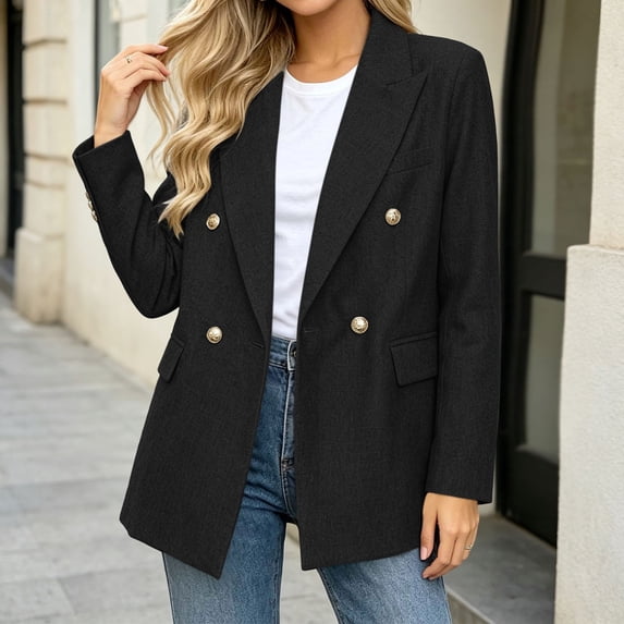 Women's Double Breasted Blazer Oversized Long Sleeve Lapel Collar Suit Jacket Vintage Metal Buttons Loose Fit Casual Work Office Coat For Ladies Spring Autumn Black XL