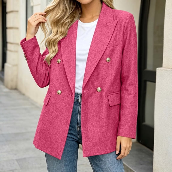 Women's Double Breasted Blazer Oversized Long Sleeve Lapel Collar Suit Jacket Vintage Metal Buttons Loose Fit Casual Work Office Coat For Ladies Spring Autumn Hot Pink 2XL