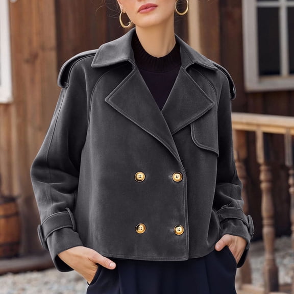 Women's Double Breasted Casual Loose Long Sleeved Short Jacket Jacket